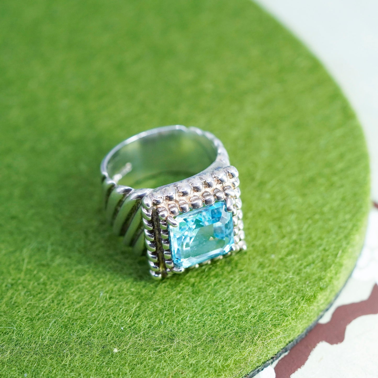 Size 6.5, Sterling silver statement ring, 925 ribbed band w/ square blue topaz