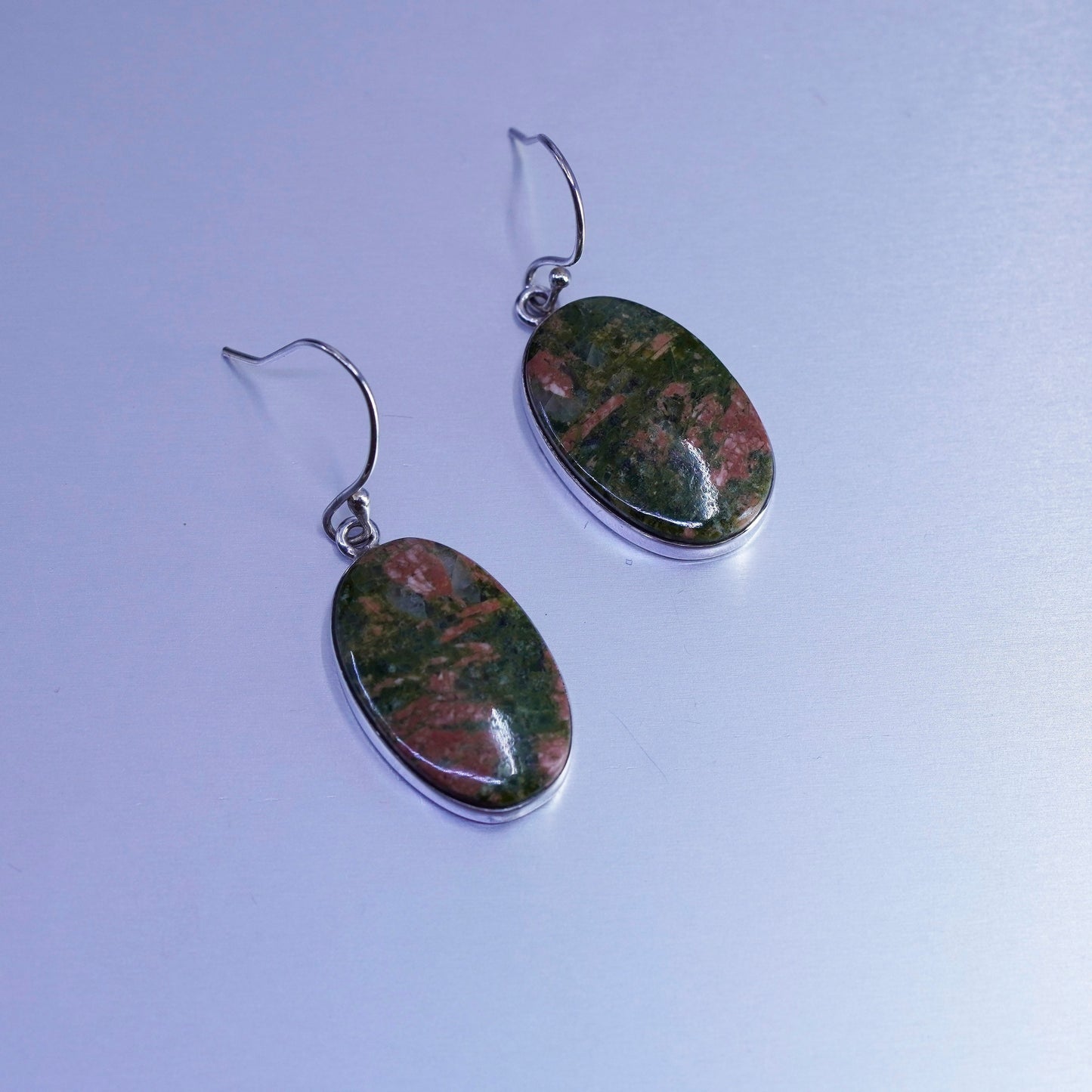 Vintage Mexico Sterling 925 silver handmade earrings with oval unakite