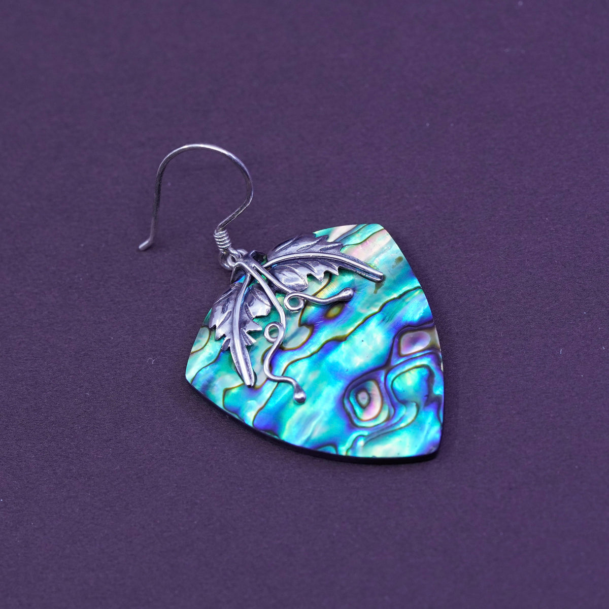 Sterling silver handmade earrings, 925 grapevine leaves with abalone dangles