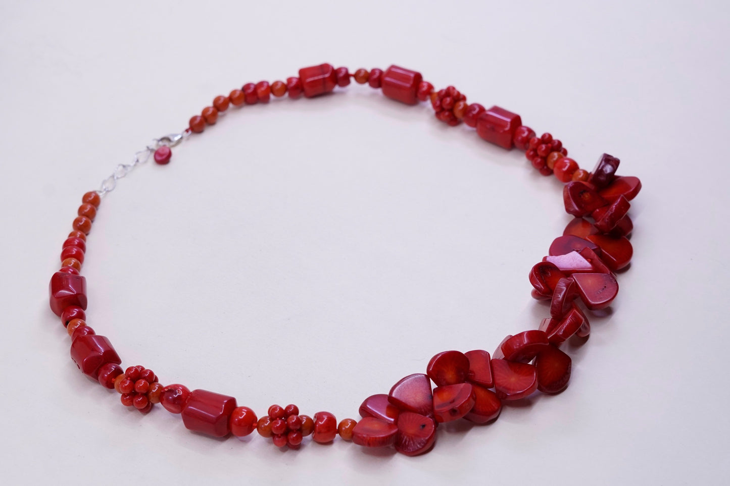 22”, native america heishi necklace, Chunky Red Coral chain sterling 925 silver