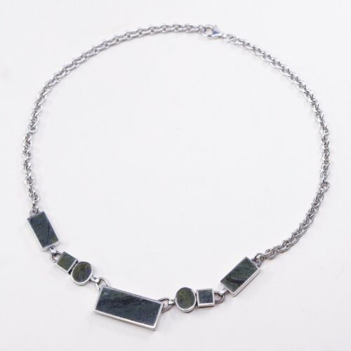 18”, 4mm, Vtg Handmade Sterling 925 Silver Circle Chain W/ Green Agate Inlay