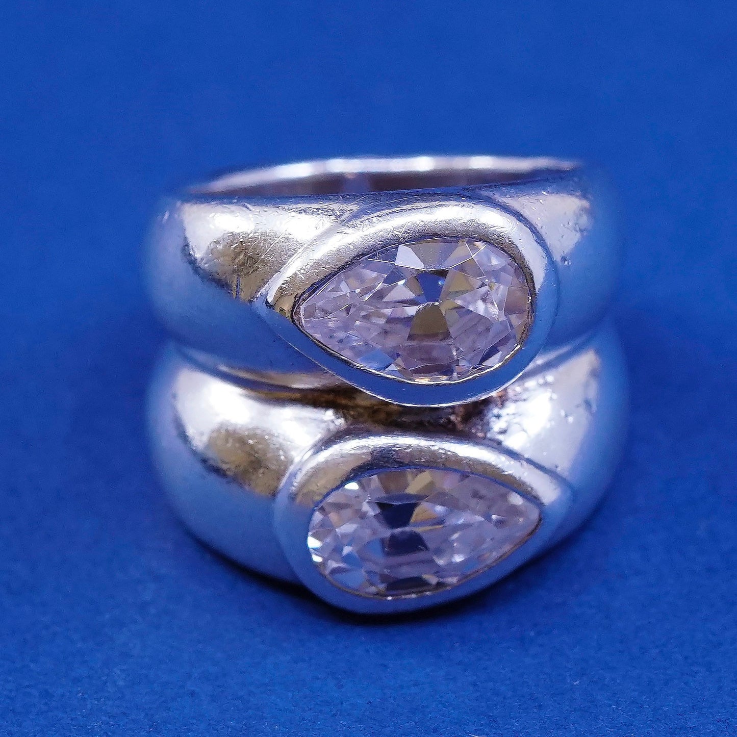 sz 6, vtg Sterling silver handmade ring, 925 statement band w/ teardrop cz