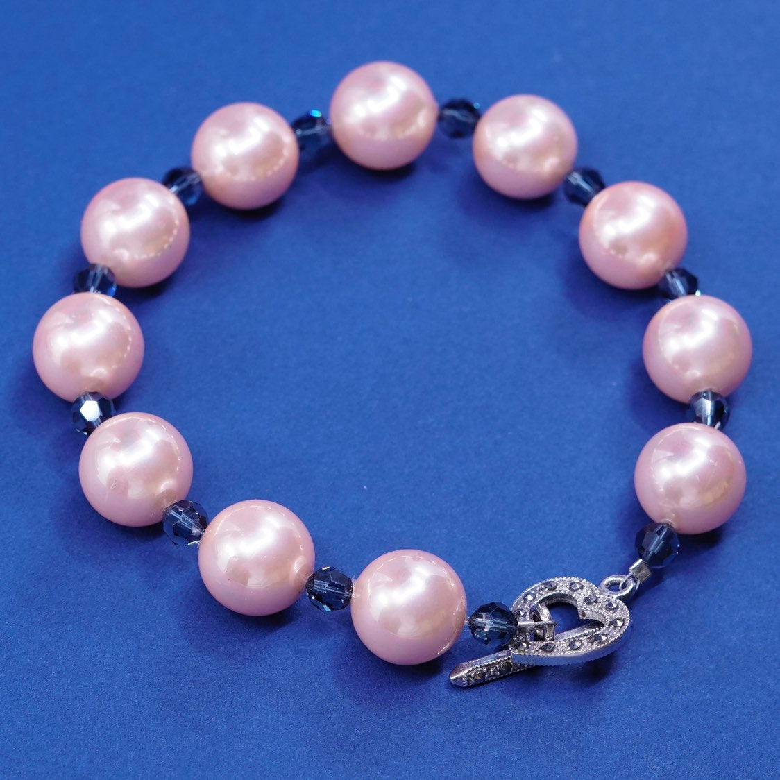 8.25", sterling silver handmade bracelet, pink pearl beads N 925 heart toggle