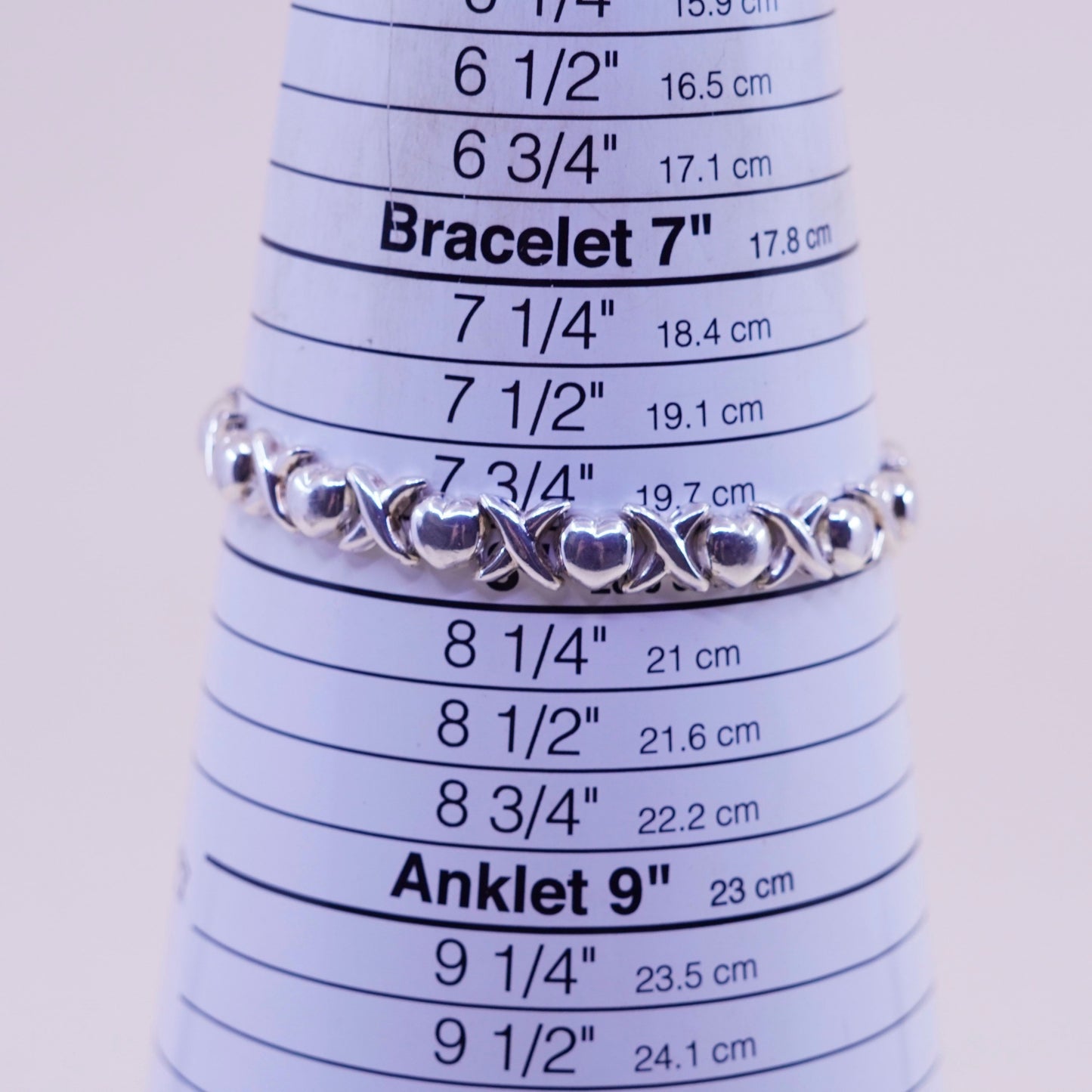 8”, Vintage sterling silver tennis bracelet, 925 heart XOXO link chain