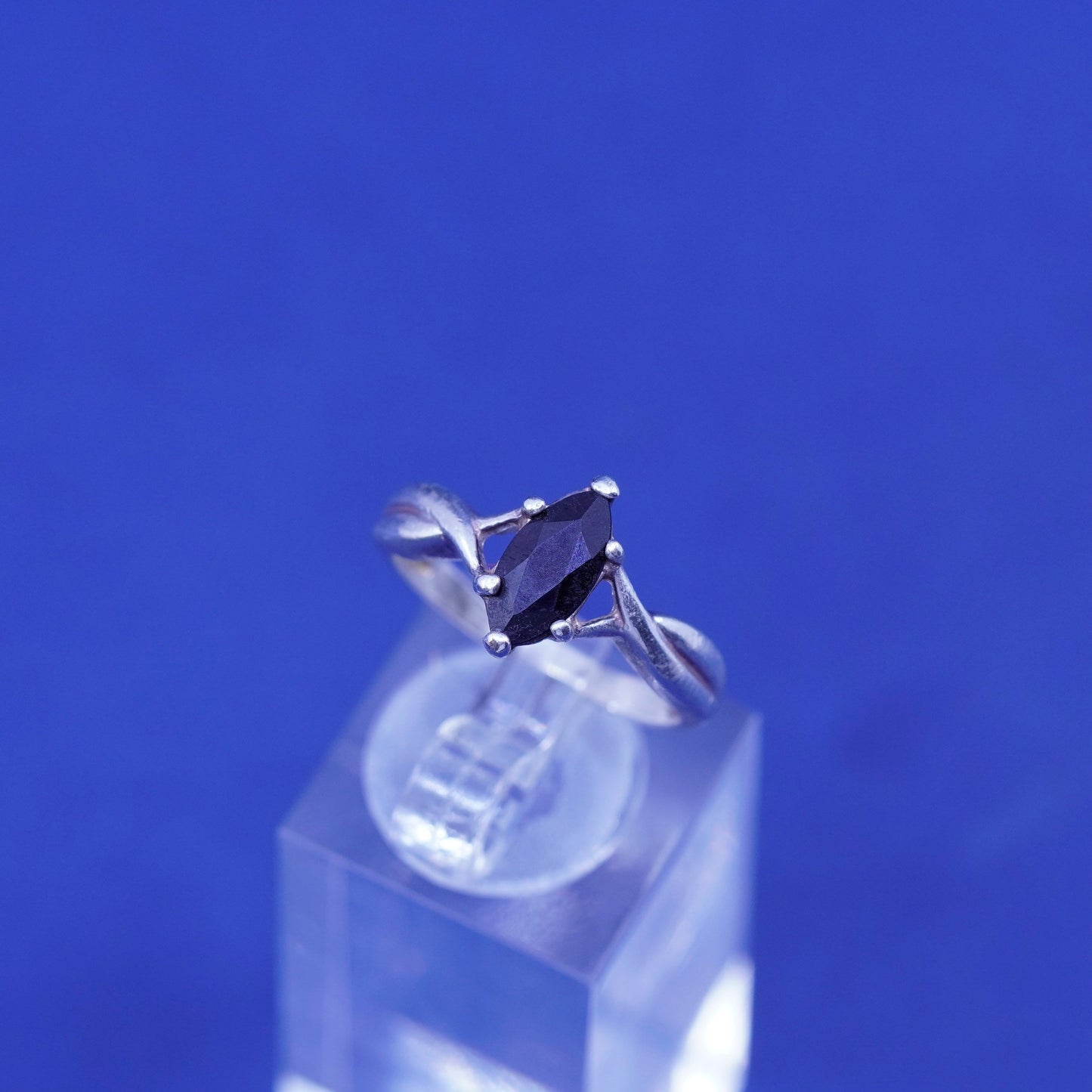 Size 6.75, vintage Sterling 925 silver handmade ring with marquise obsidian