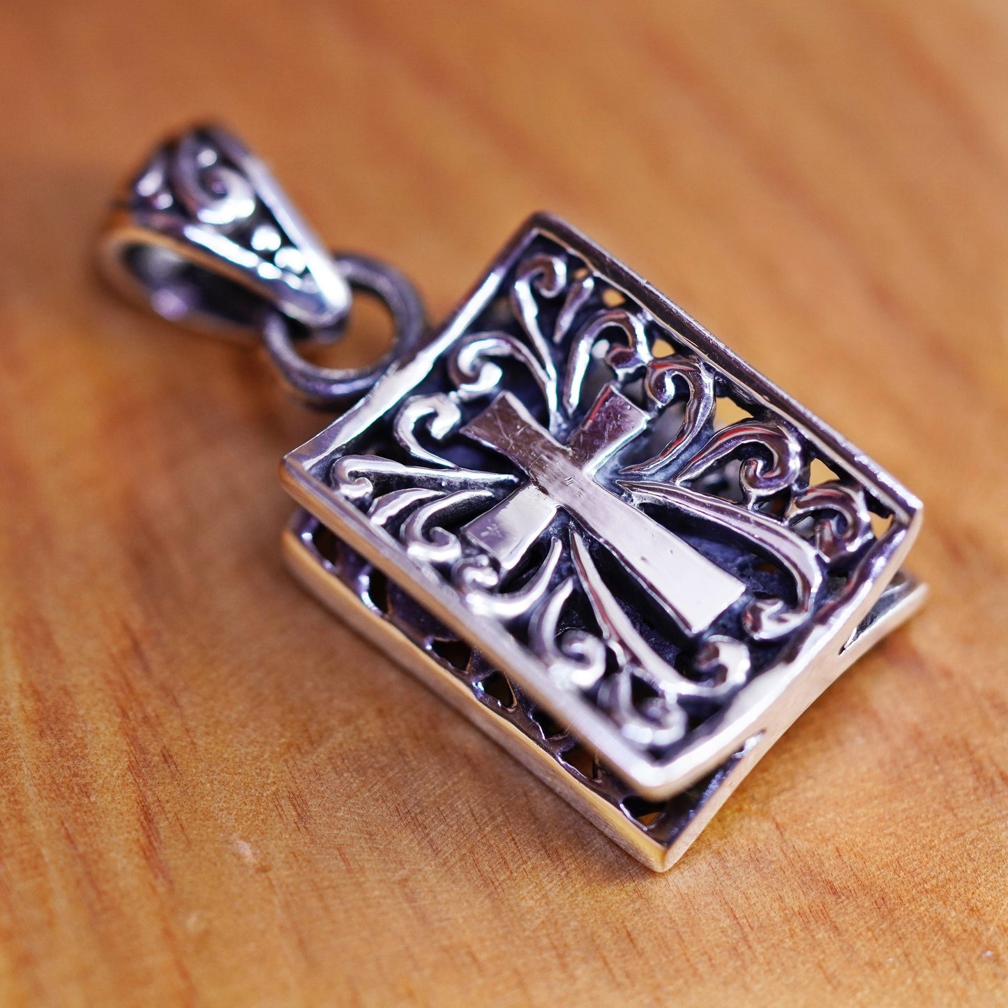 Vintage Sterling Silver Handmade Pendant, filigree 925 cross and fish