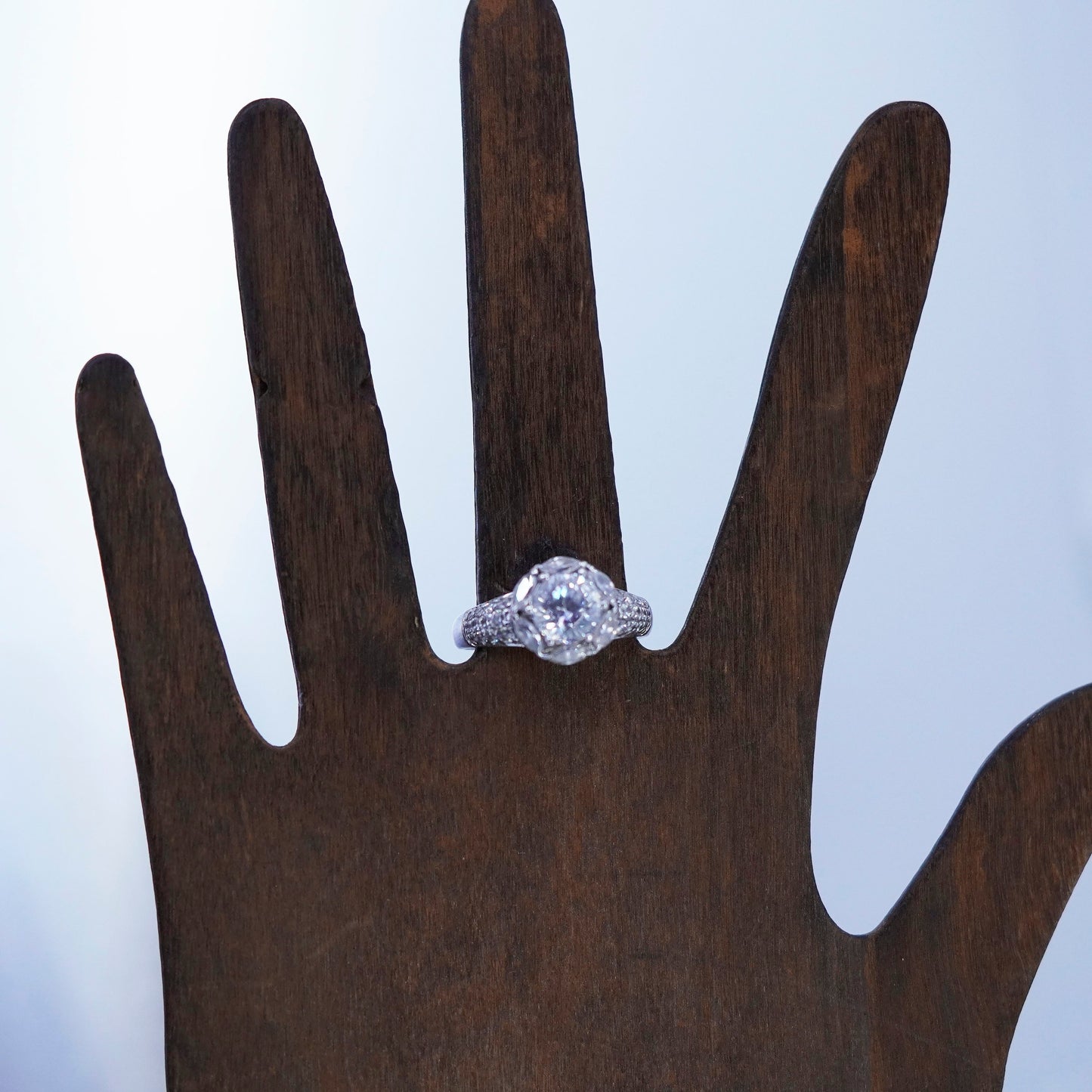 Size 8.5, vintage Sterling 925 silver handmade engagement ring with cluster Cz