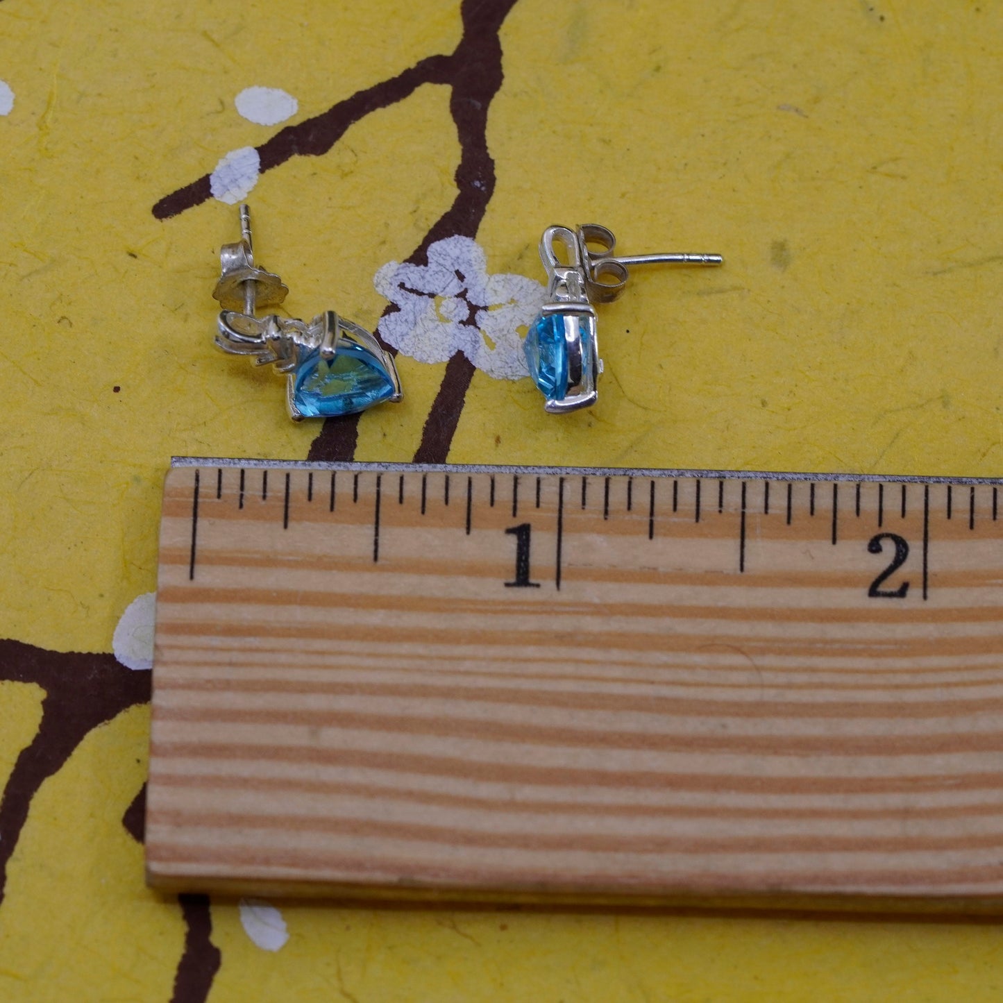 vintage Sterling 925 silver earrings, blue heart topaz studs