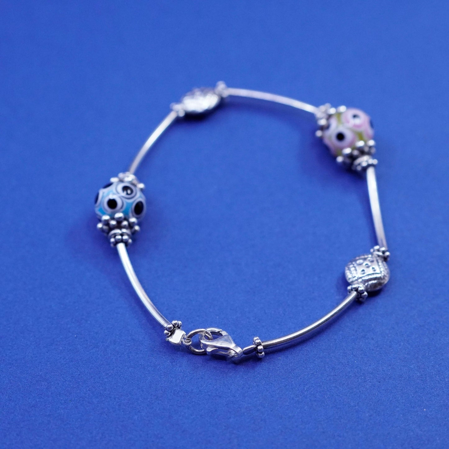 6.75”, vintage Sterling silver handmade bracelet, 925 bar tube w/ crystal beads