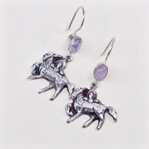 Vtg Handmade 925 Sterling Silver Earrings W/ Puffy Horse Dangles W/ Moonstone