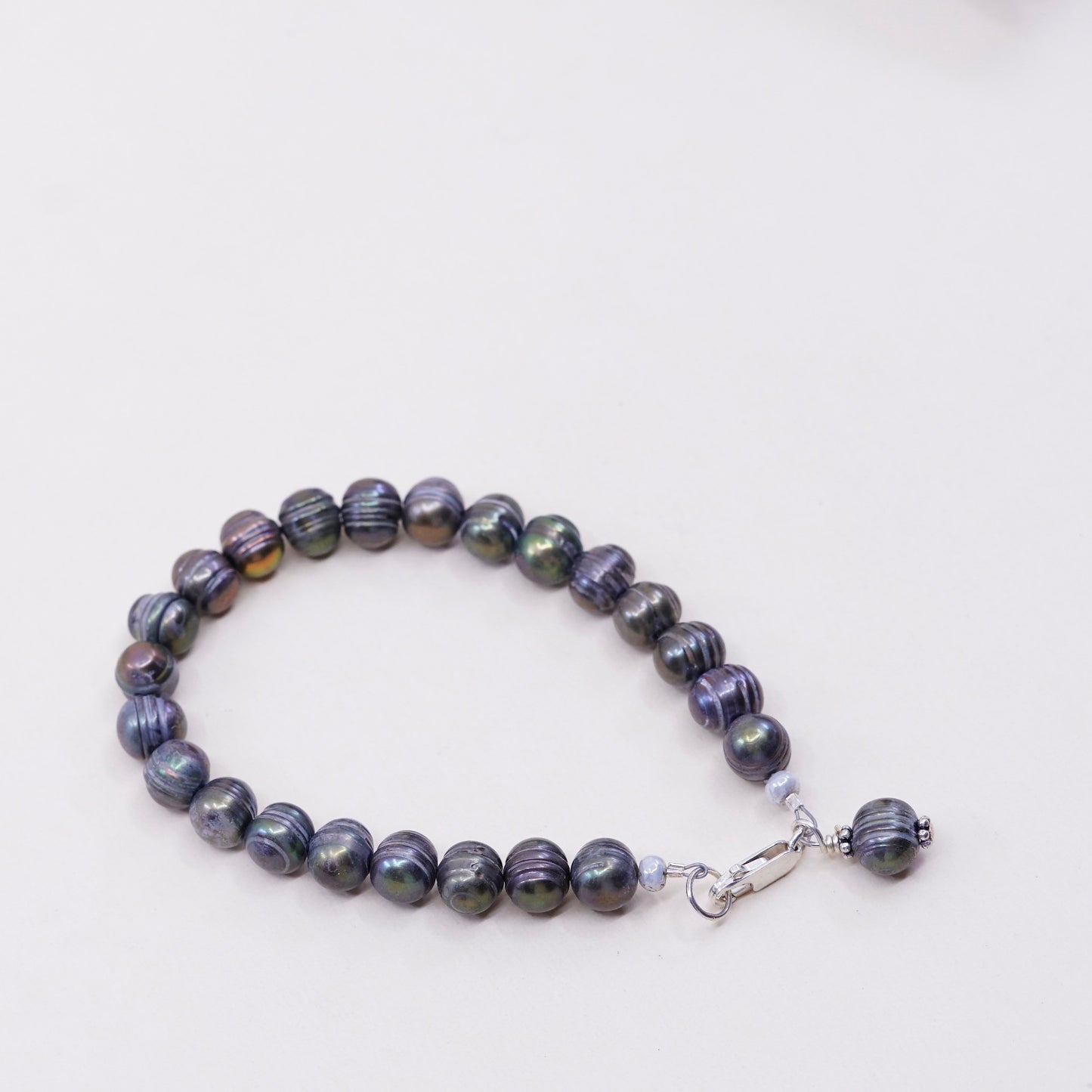 7”, Vintage handmade bracelet, black pearl beads with 925 sterling silver clasp