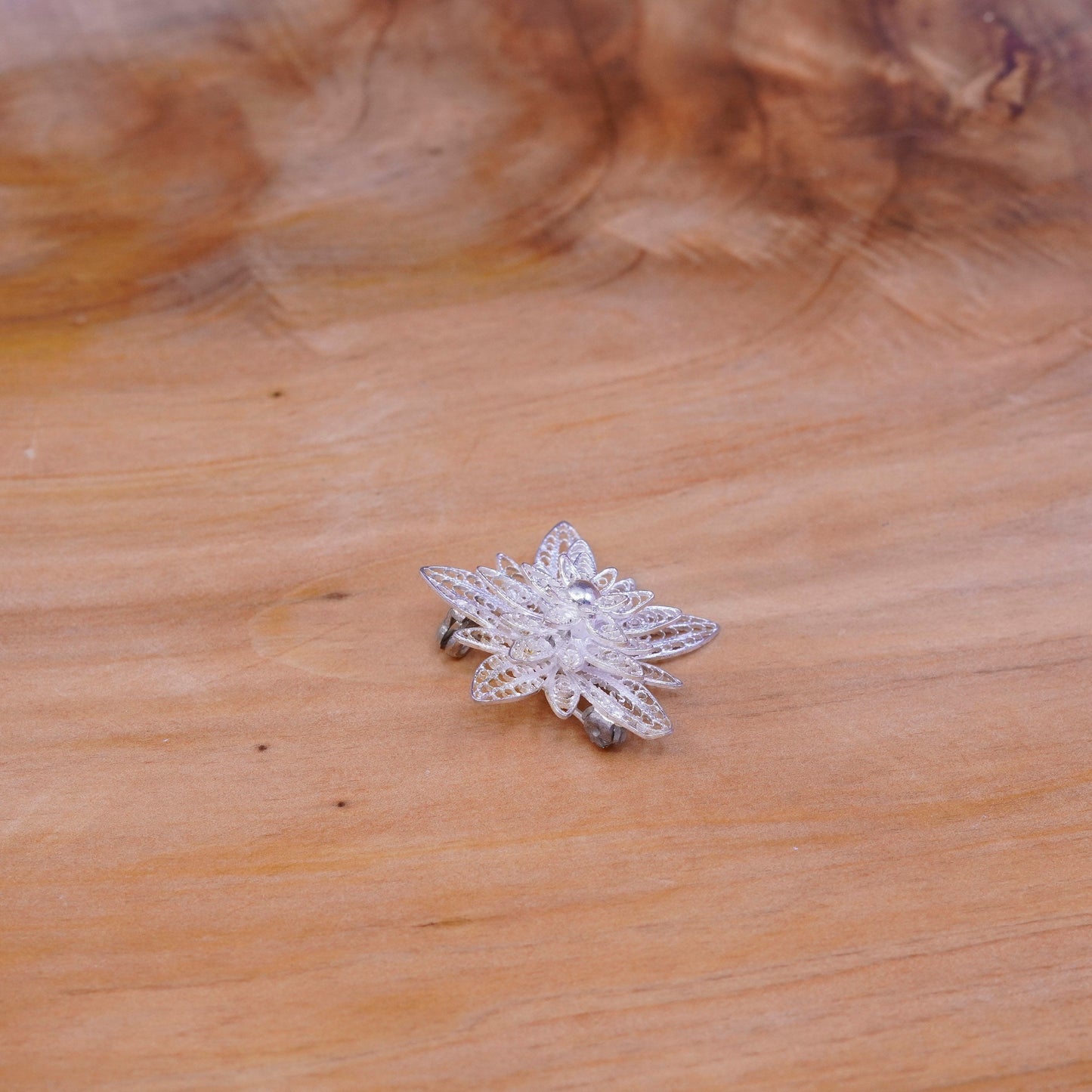 Vintage handmade sterling 925 silver filigree flower brooch