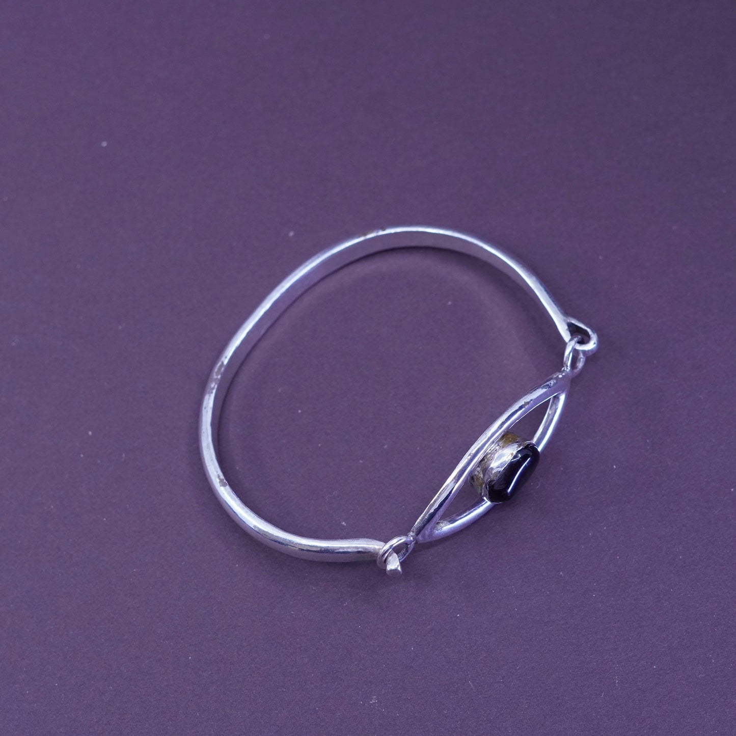 7.25”, Taxco Sterling silver bracelet, Mexico 925 hinged eye bangle w/ obsidian
