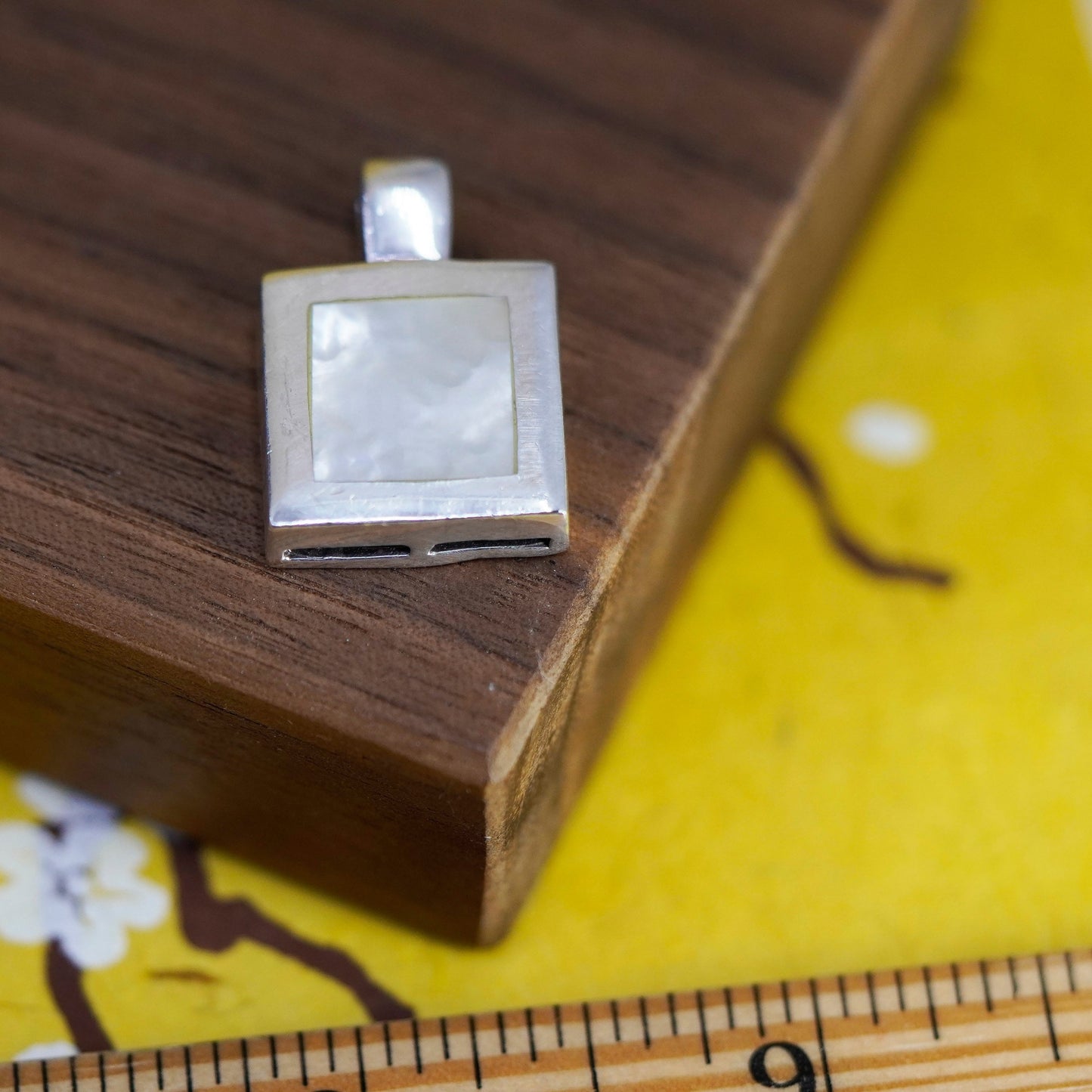 Vintage Sterling 925 silver handmade square pendant with mother of pearl