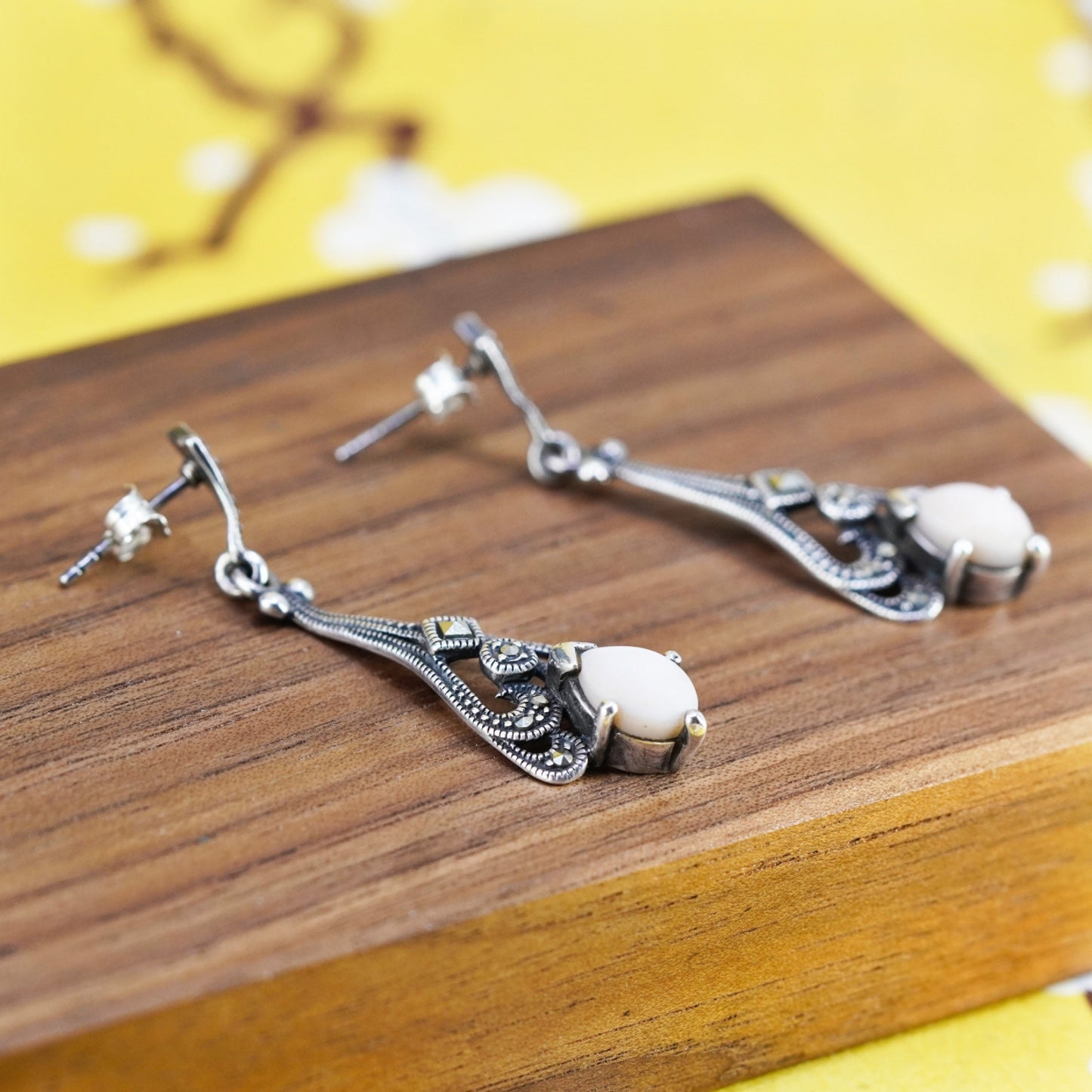 Sterling 925 silver handmade teardrop earrings with moonstone and marcasite