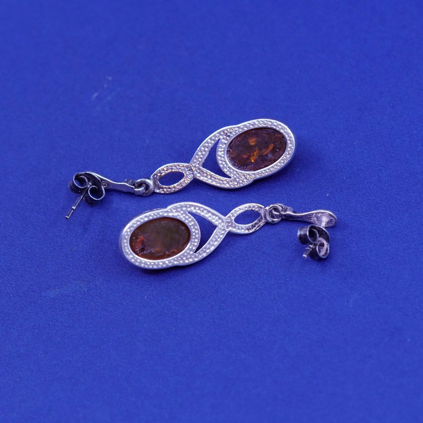 Vintage sterling 925 silver handmade earrings with oval amber