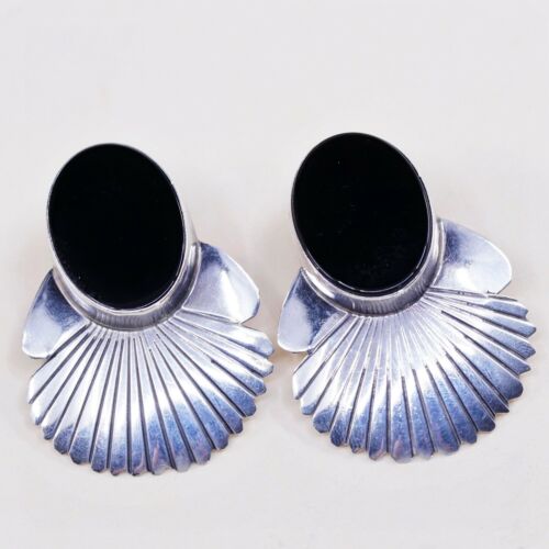 Vtg Southwestern Sterling Silver Handmade Earrings, BAL 925 Studs W/ Obsidian