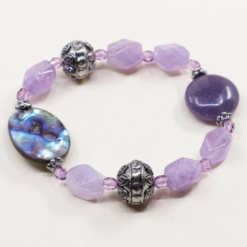7”, Vtg Amethyst Elastic Bracelet W/ Bali Sterling 925 Silver Beads N Abalone