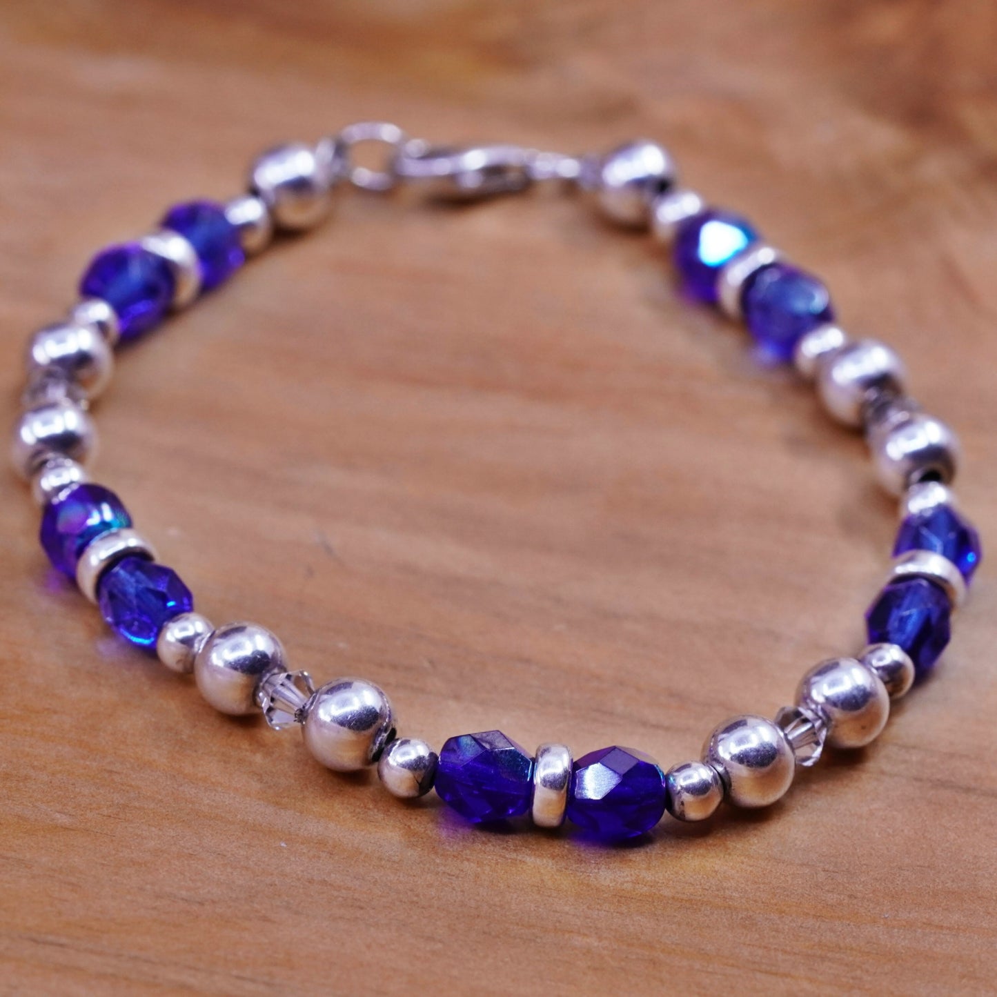 7.25”, vintage Sterling 925 silver beads bracelet with blue crystal