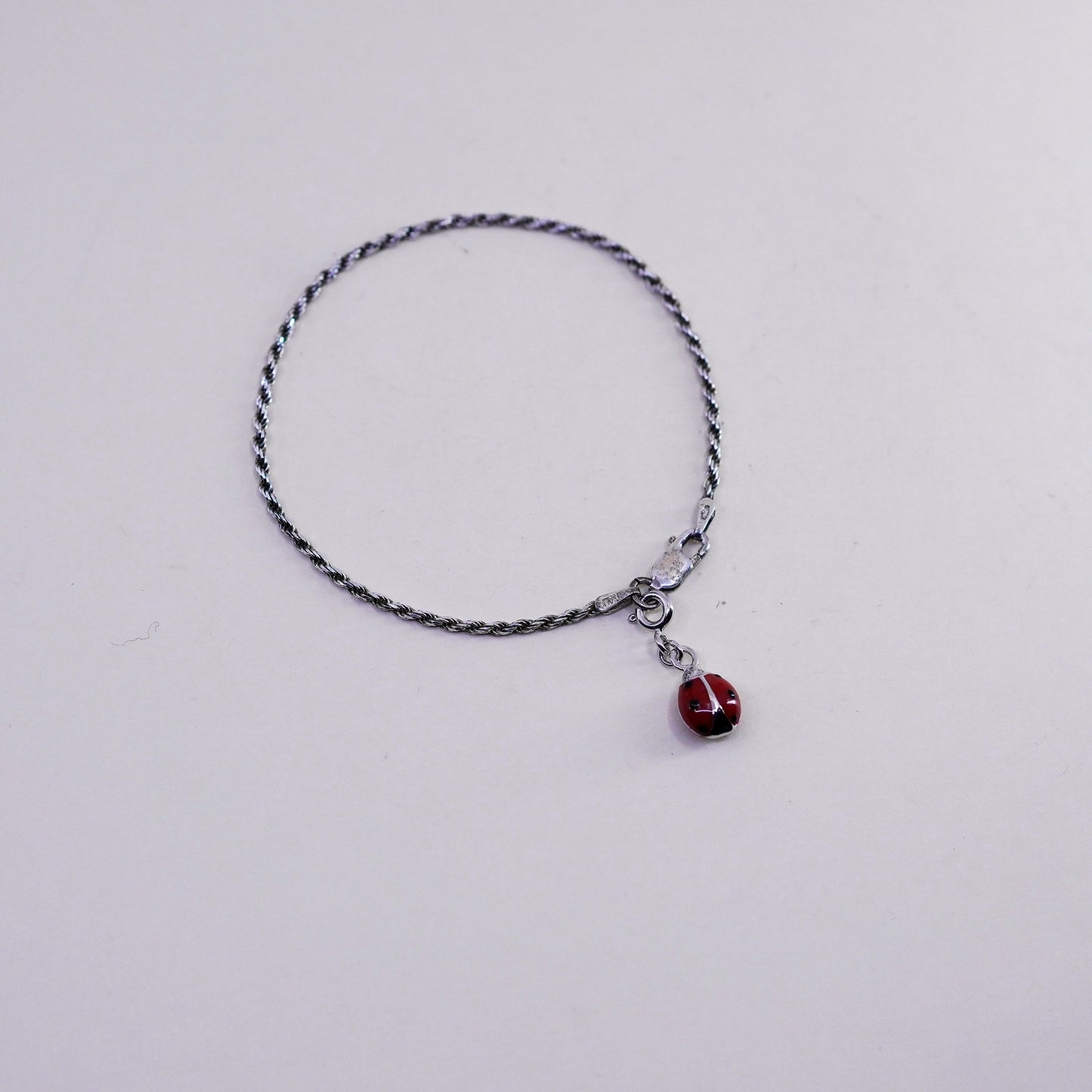 6.75”, sterling silver bracelet, Italy 925 rope chain enamel lady bug charm