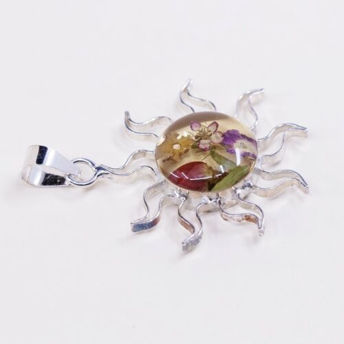 Vintage Sterling Silver Handmade Pendant, 925 Silver With Resin Flower Sun