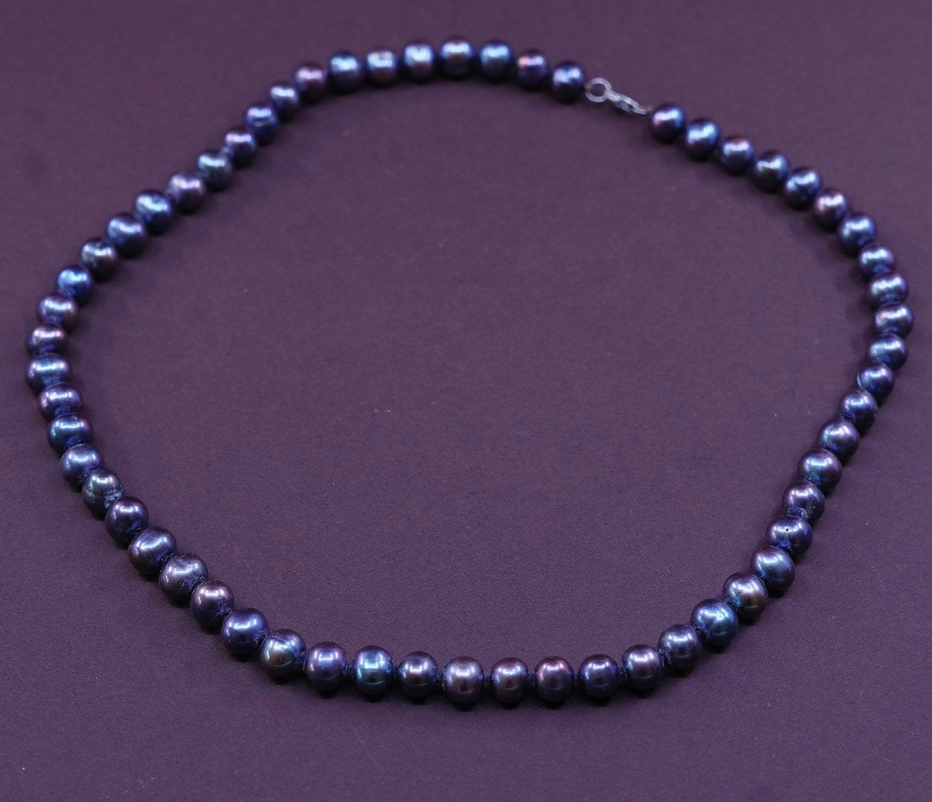 18", vtg Sterling silver handmade necklace, 925 clasp 7-8mm black pearl beads
