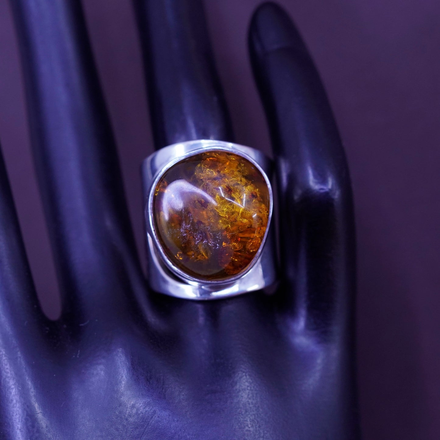Size 8.5, vintage Sterling 925 silver handmade modern statement ring with amber