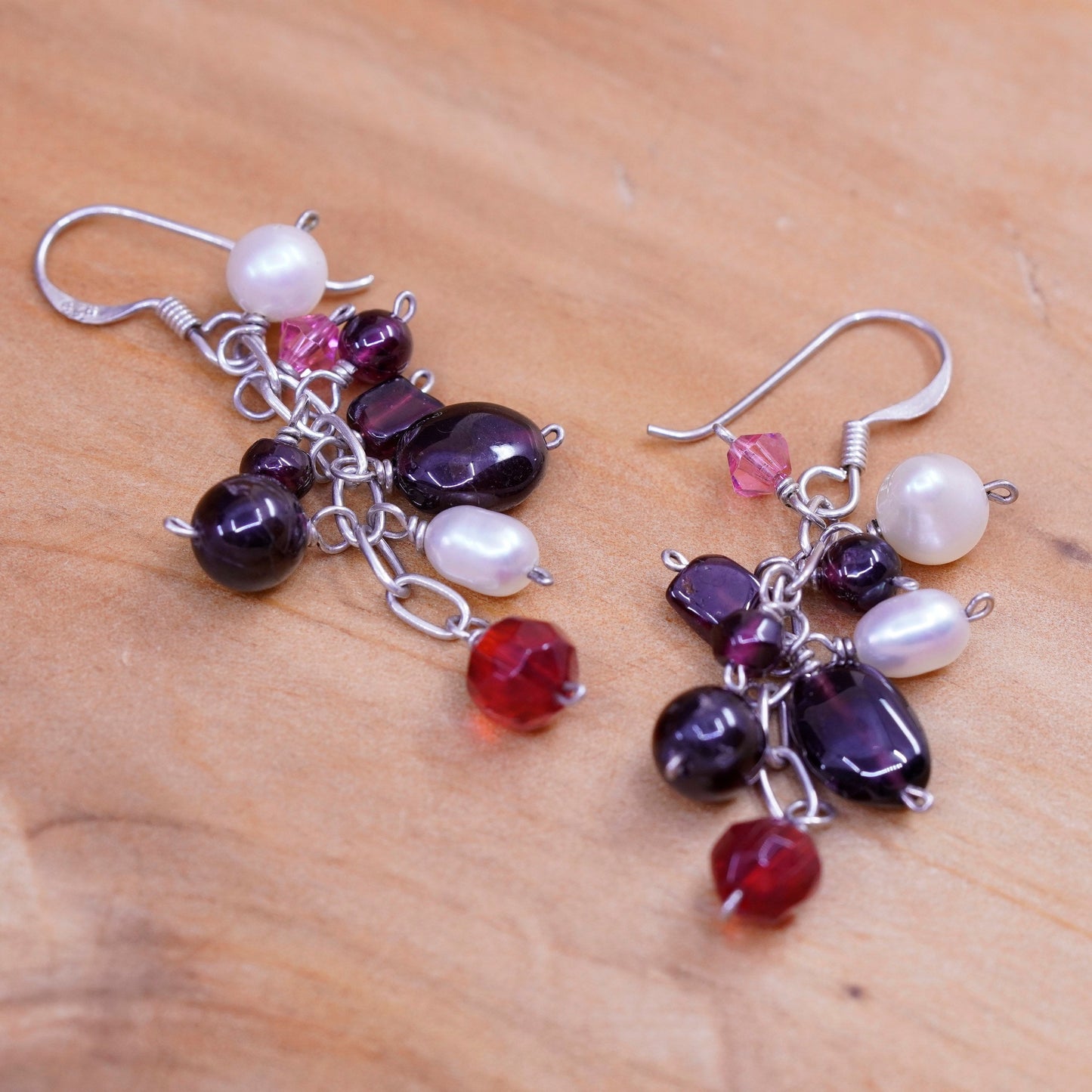 Vintage Sterling 925 silver Handmade earrings cluster pearl garnet ruby beads