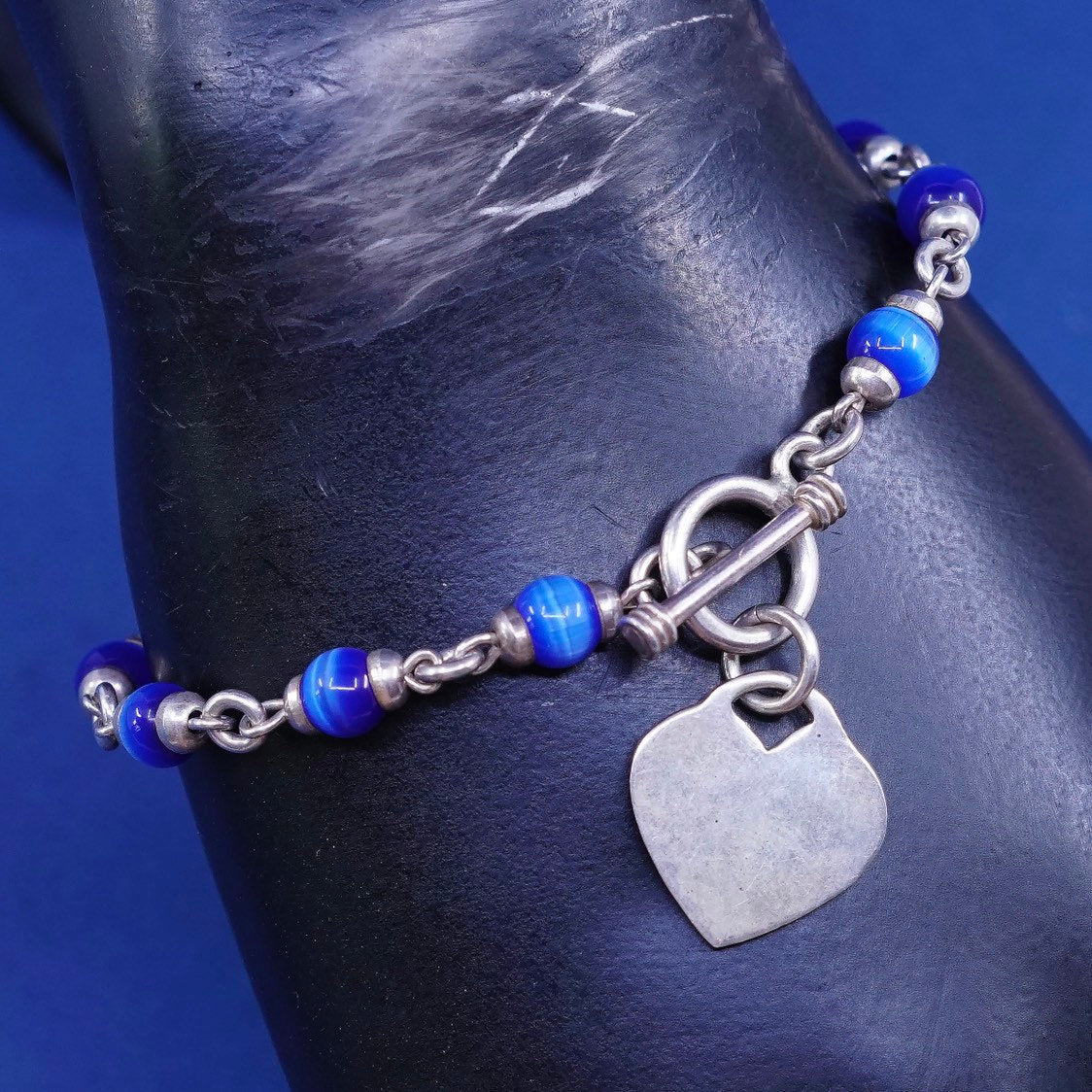 6.5", Sterling silver handmade bracelet, mexico 925 w/ blue tiger eye N heart