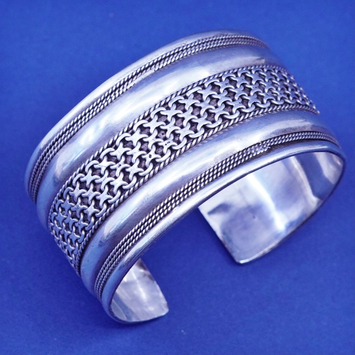 6”, vintage Sterling silver handmade bracelet, 925 wide braided woven cuff