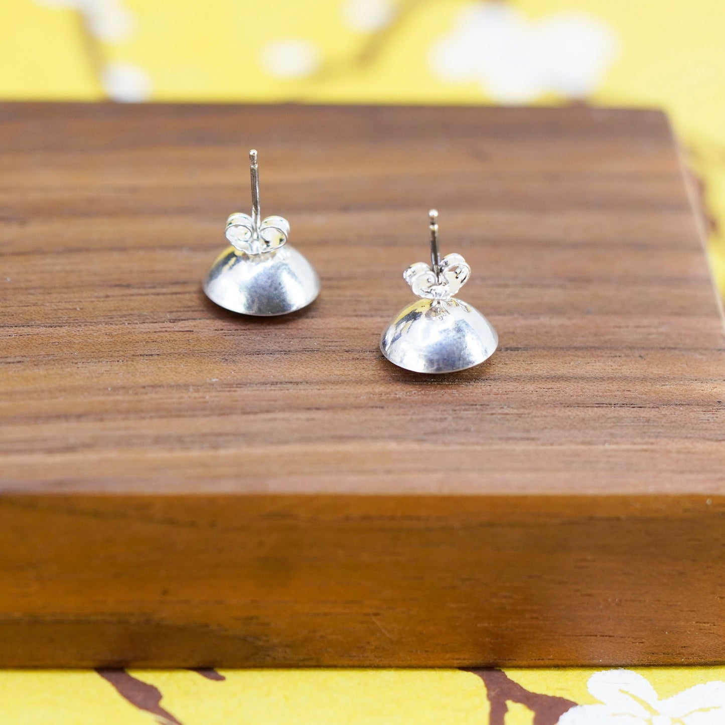 Vintage Sterling Silver Handmade earrings, round 925 studs with amber