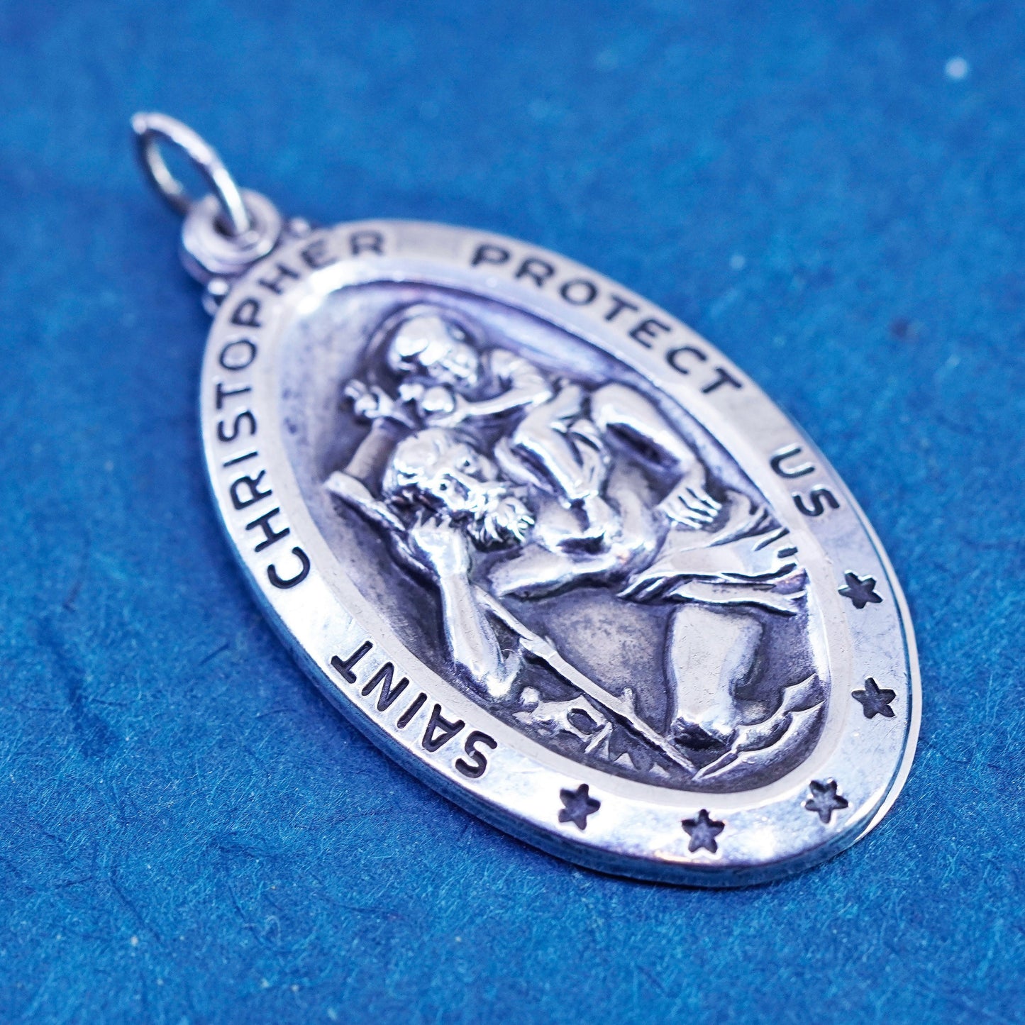 Vintage sterling 925 silver tag pendant, Saint Christopher protect us charm