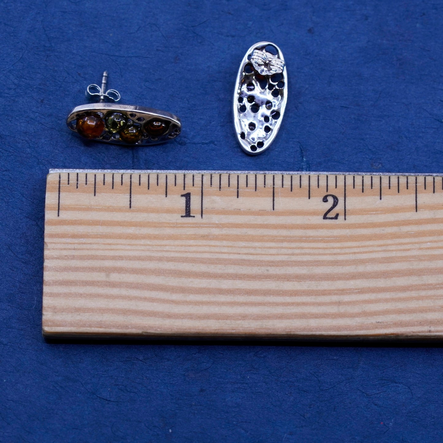 Vintage sterling silver handmade earrings, 925 oval studs with amber