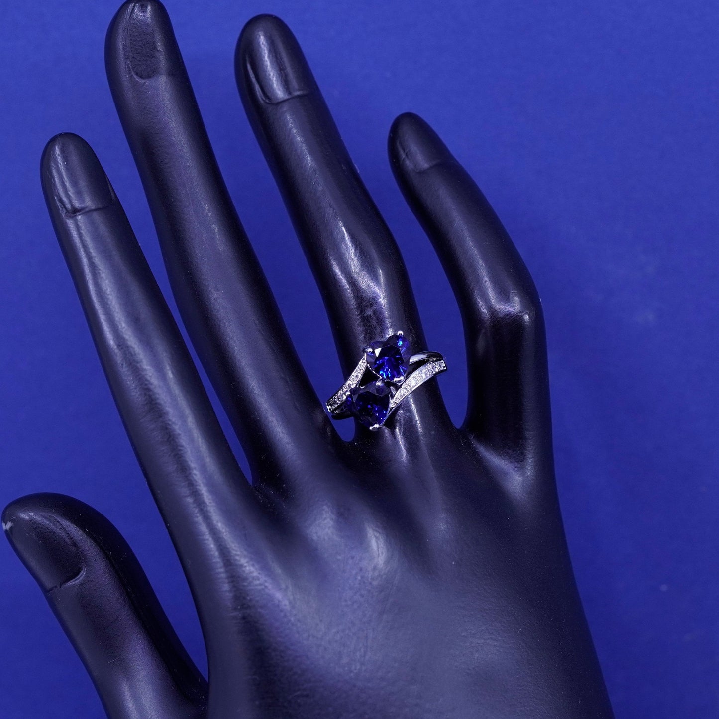 Size 6.25, Sterling 925 silver engagement ring with sapphire heart cluster Cz