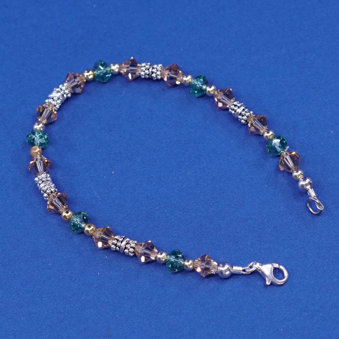 6.75”, Two Tone sterling silver handmade bracelet 925 w/ small 14K yellow beads