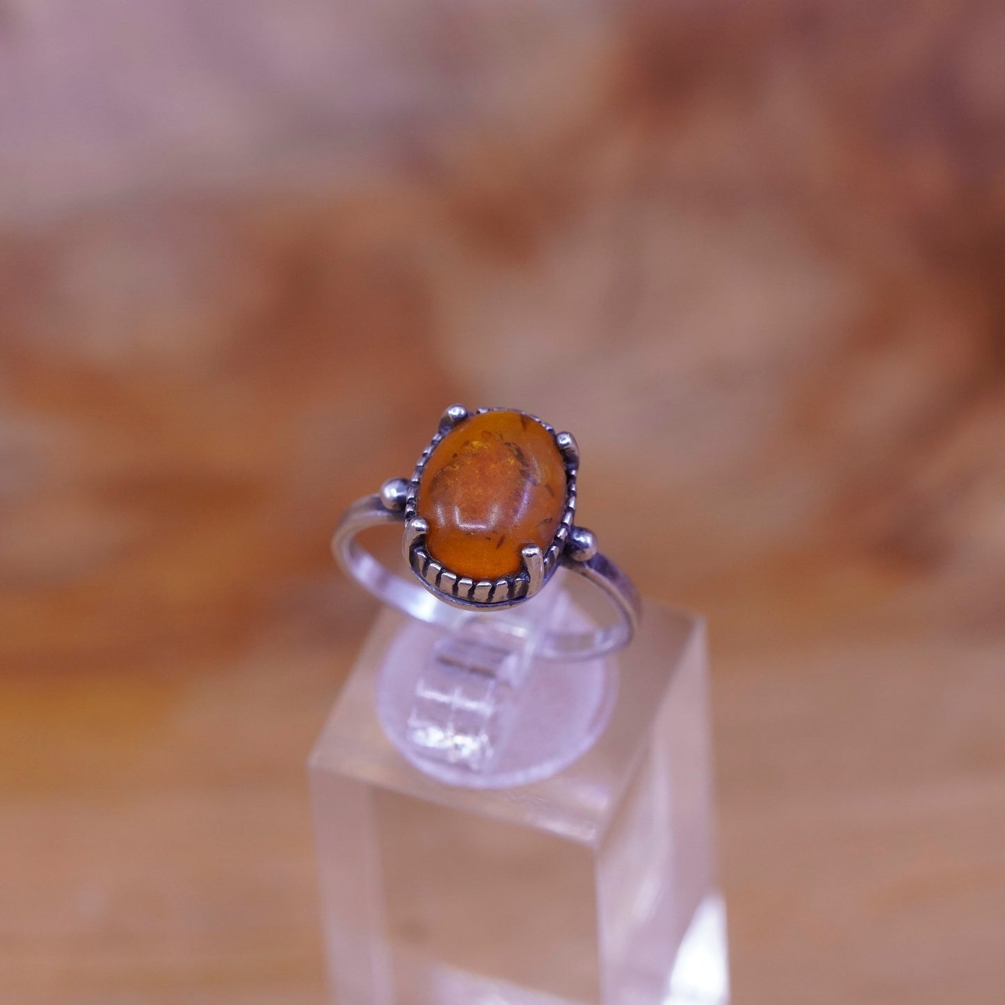 Size 8, vintage Sterling 925 silver handmade ring with oval amber