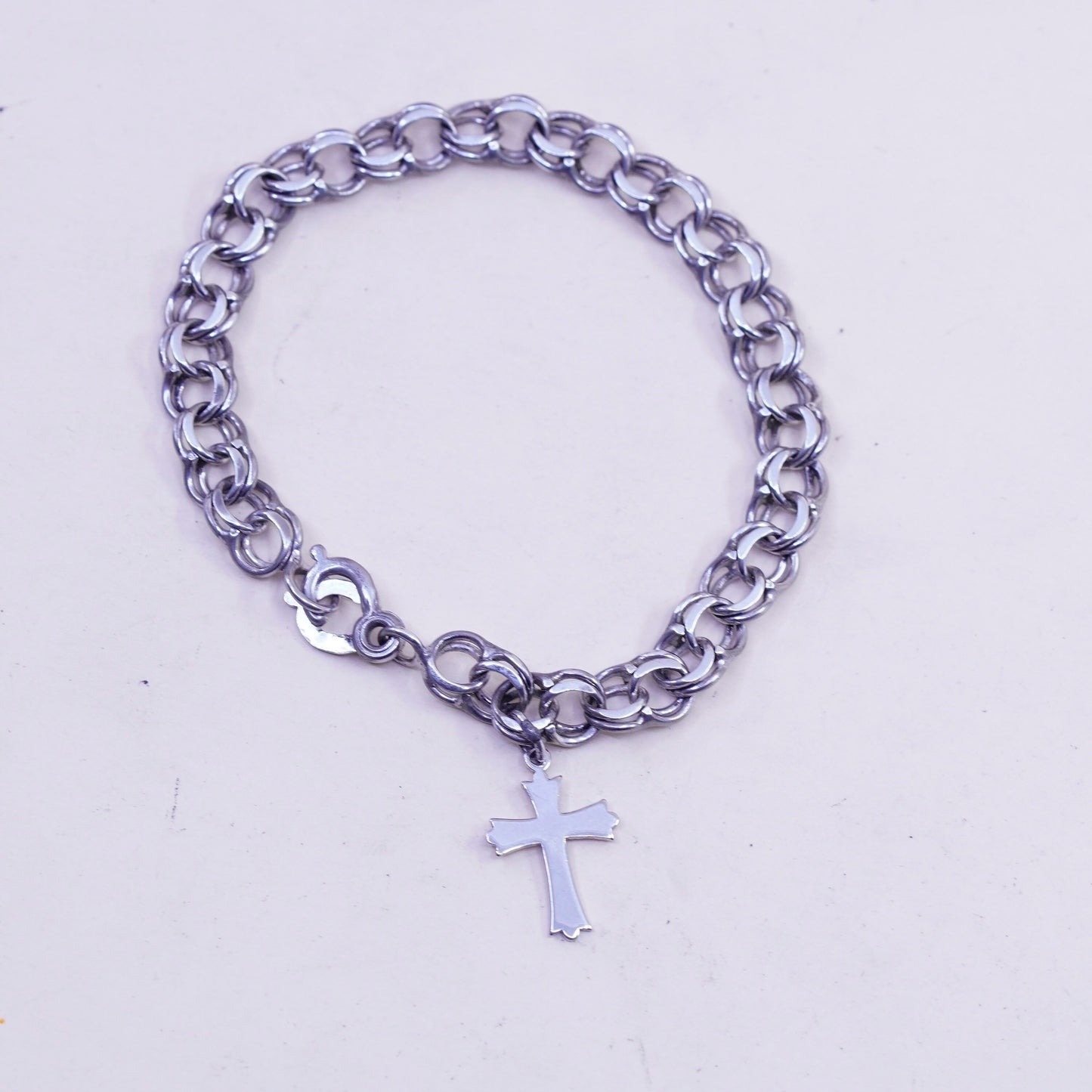 7.25”, 8mm, Vintage sterling silver double curb chain, 925 bracelet cross charm