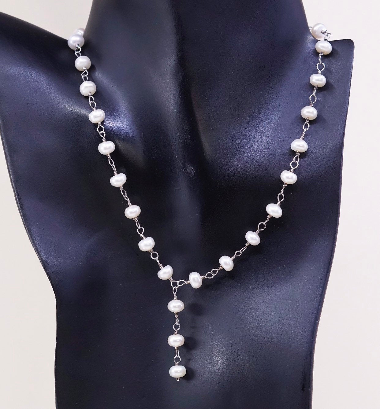 16", vtg italy handmade Sterling silver bead link chain with pearl beads