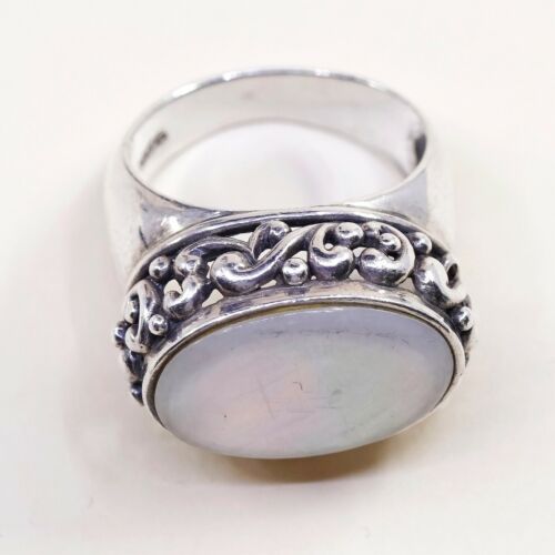 Sz 8, Vtg Southwestern Sterling Silver Handmade Ring, 925 Bali Band W/ White MOP
