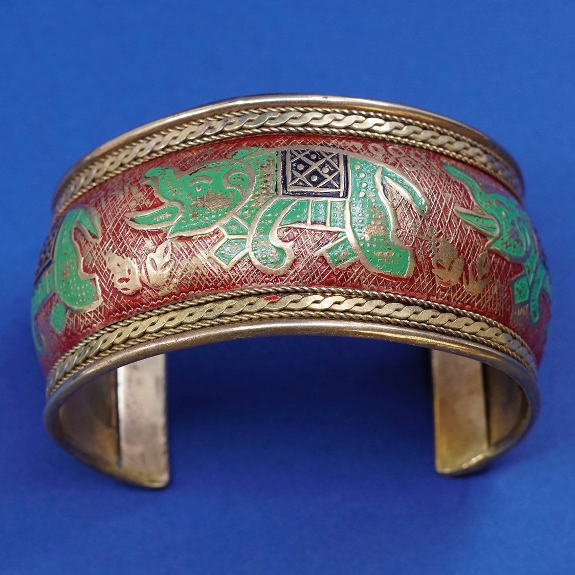 7.25”, vintage modern brass handmade bracelet, enamel cuff