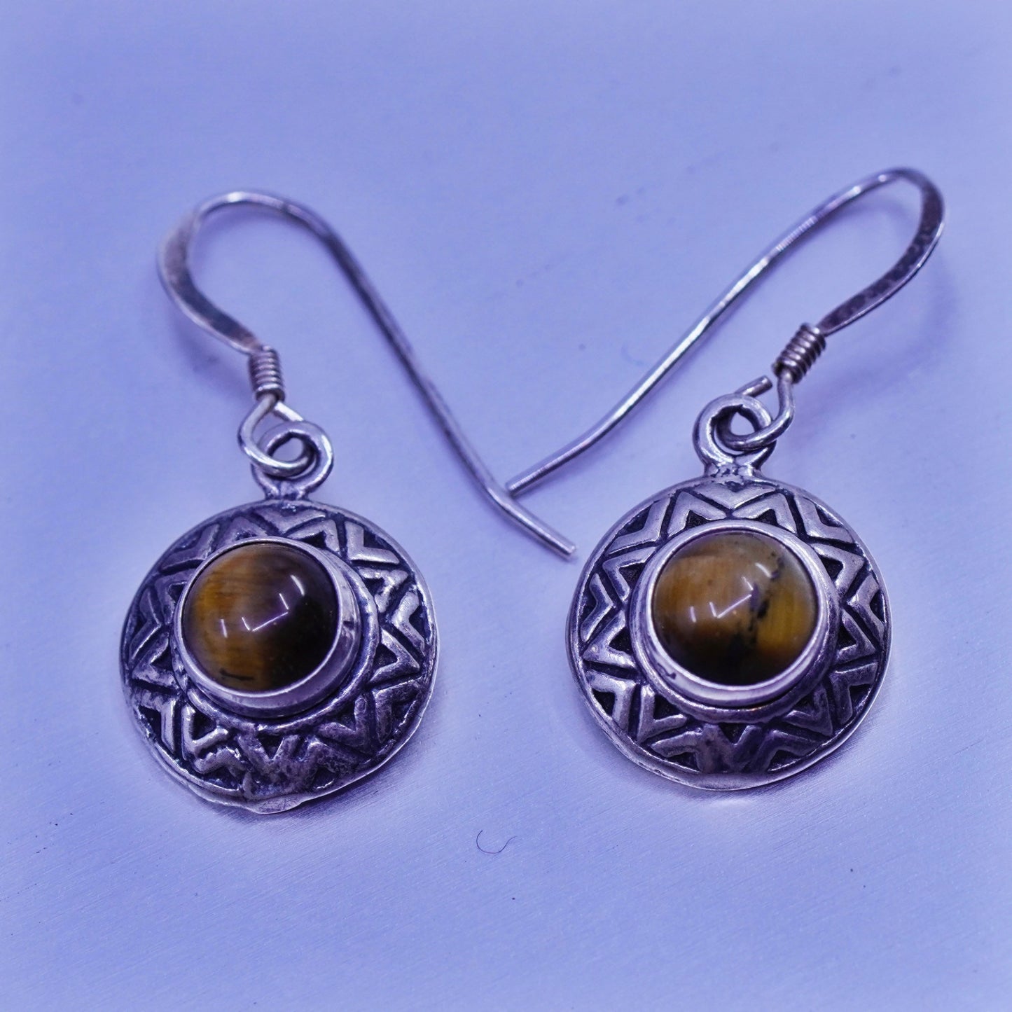 Vintage Sterling 925 silver handmade textured earrings with golden tiger beads