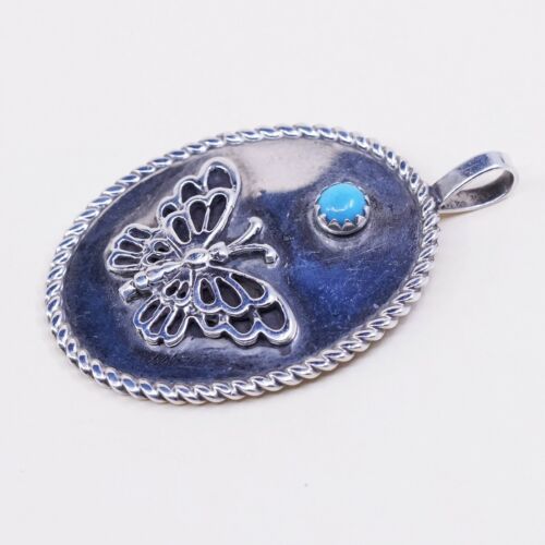 Navajo sterling silver pendant Native American 925 Oval W/ butterfly N turquoise