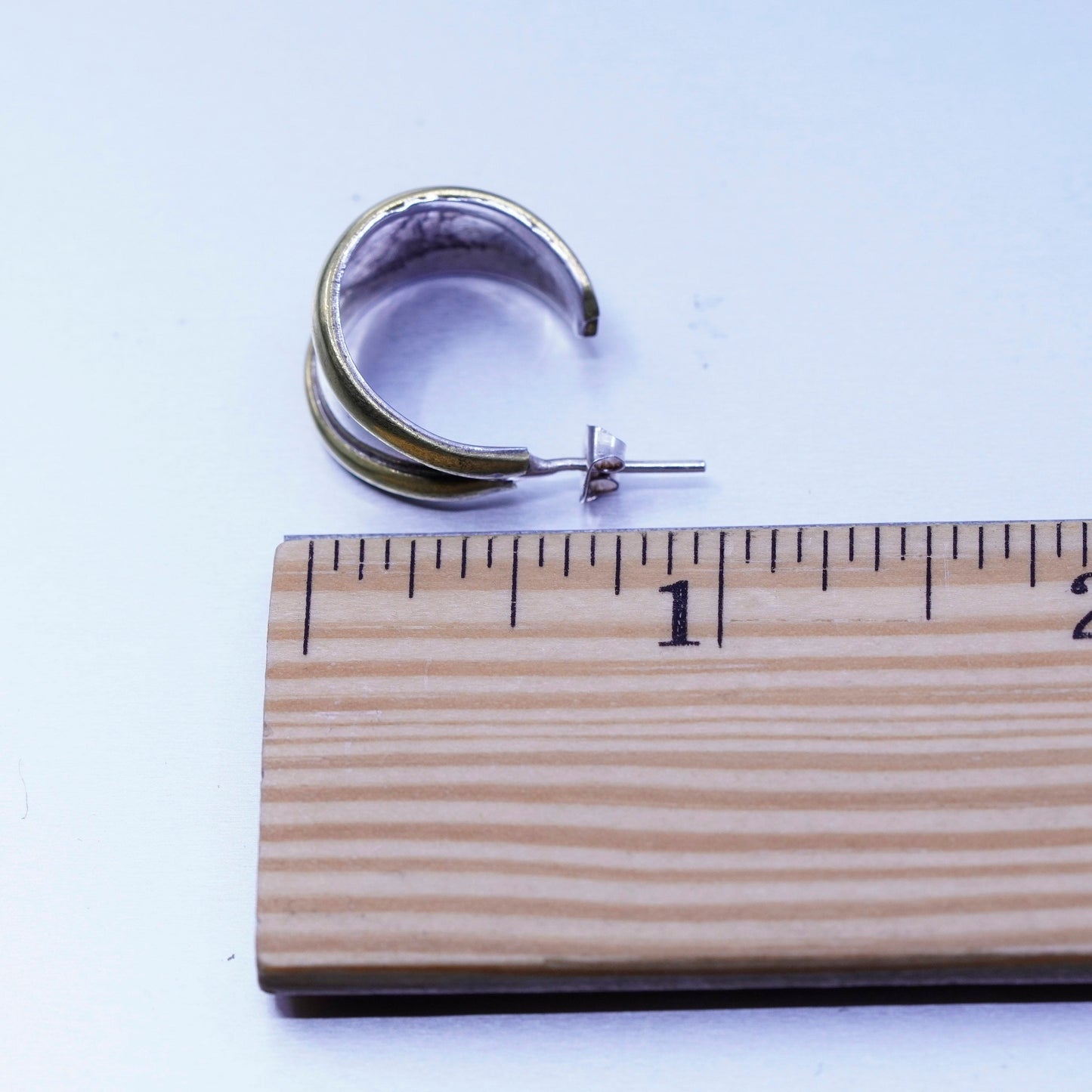 0.75”, two tone Sterling silver earrings, modern 925 Huggie hoops brass trim