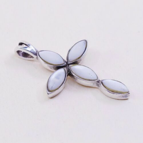 Vintage Sterling Silver Handmade Pendant, 925 silver cross w/ Whire Marquise Mop