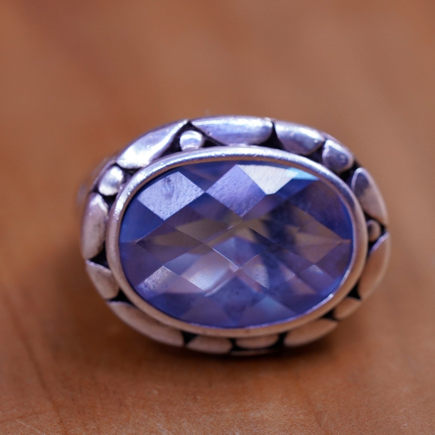 Size 7.5, vintage Sterling 925 silver handmade ring with oval topaz and pebble