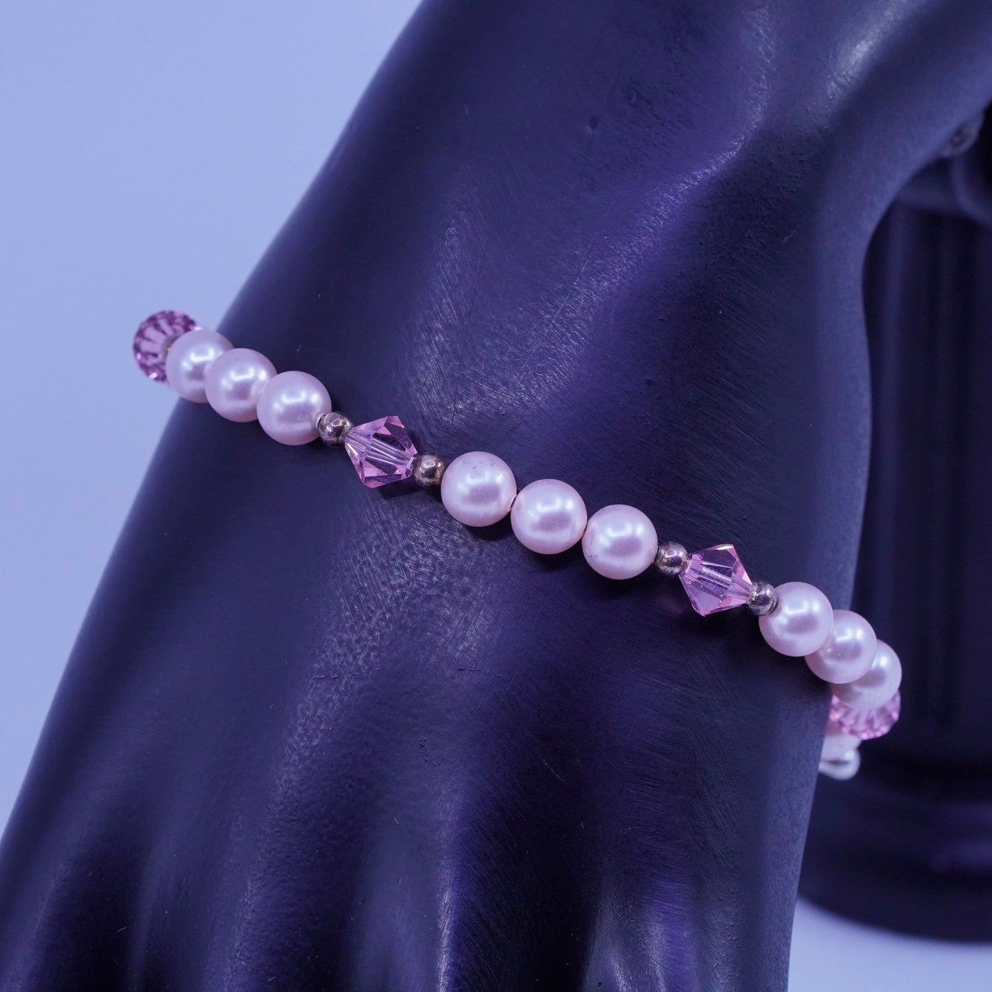 7”, Sterling 925 silver bracelet freshwater pearl breast cancer ribbon bow tie