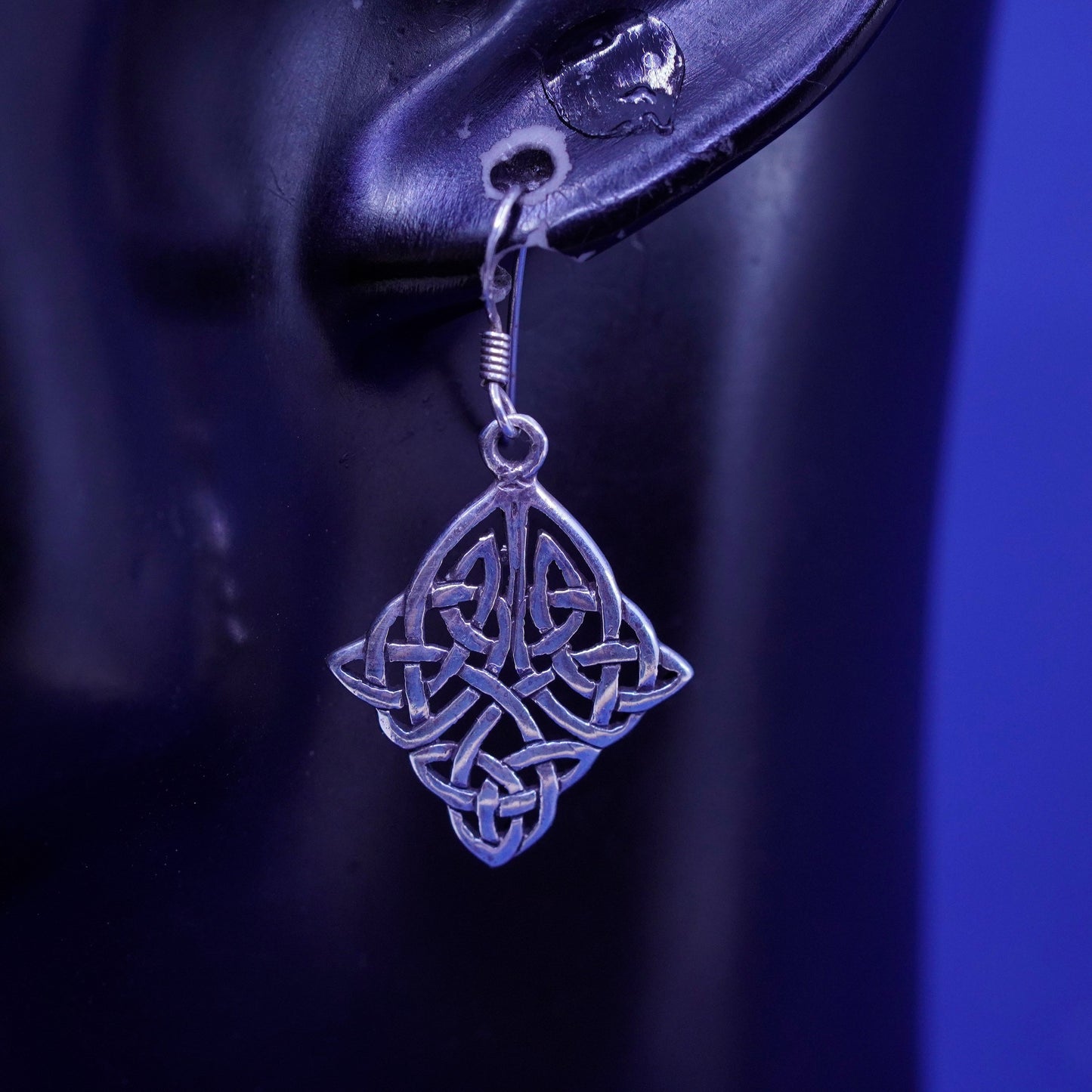 Vintage sterling silver handmade earrings, 925 filigree knot Irish drop