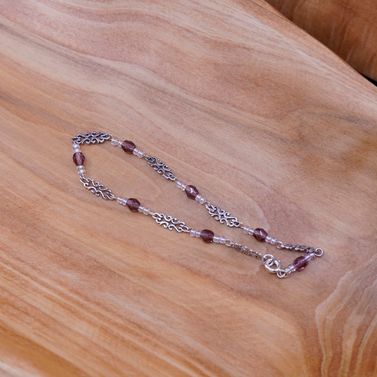 7”, vintage Sterling silver handmade bracelet, 925 chain with crystal beads