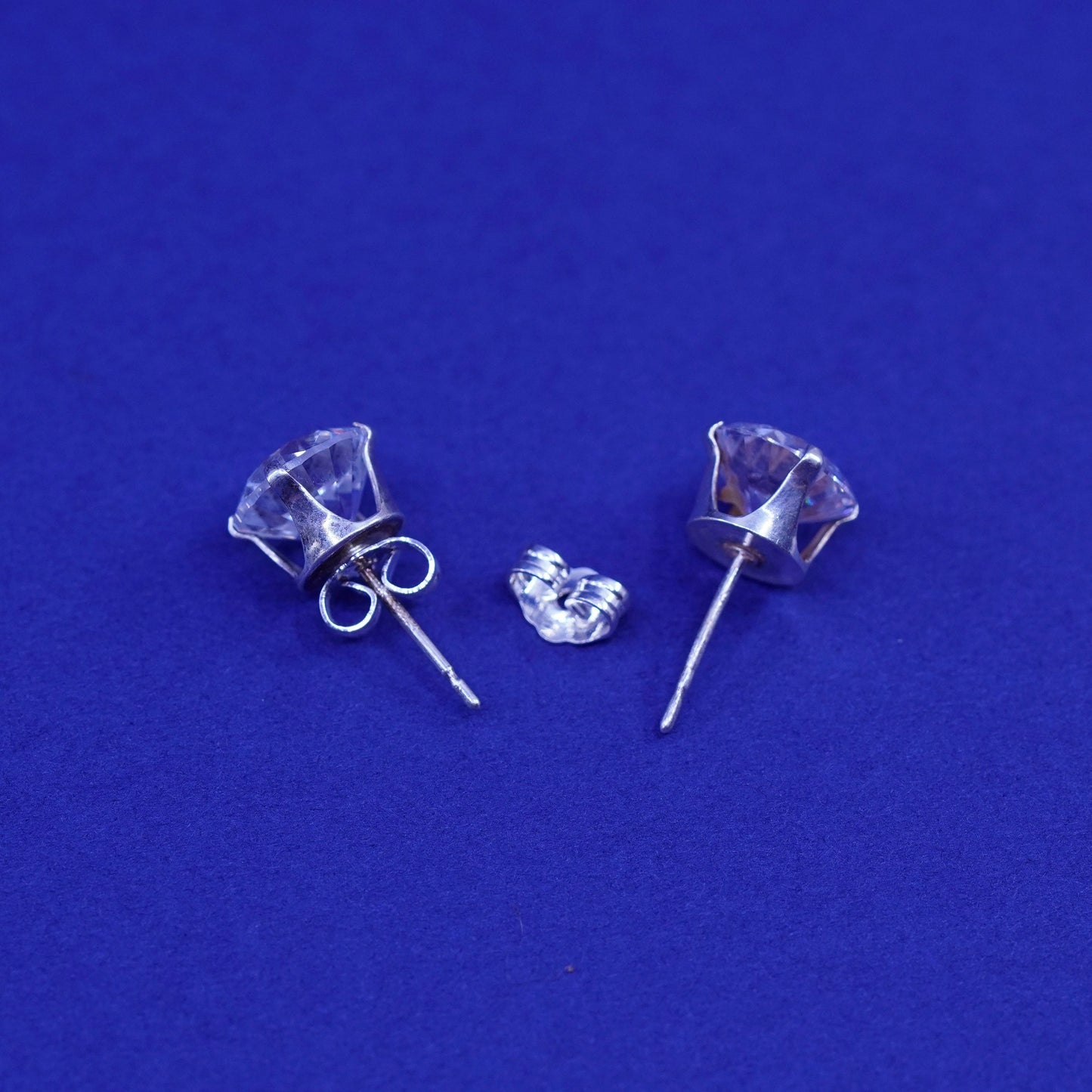 8mm, Vintage sterling silver handmade earrings, round 925 studs with CZ