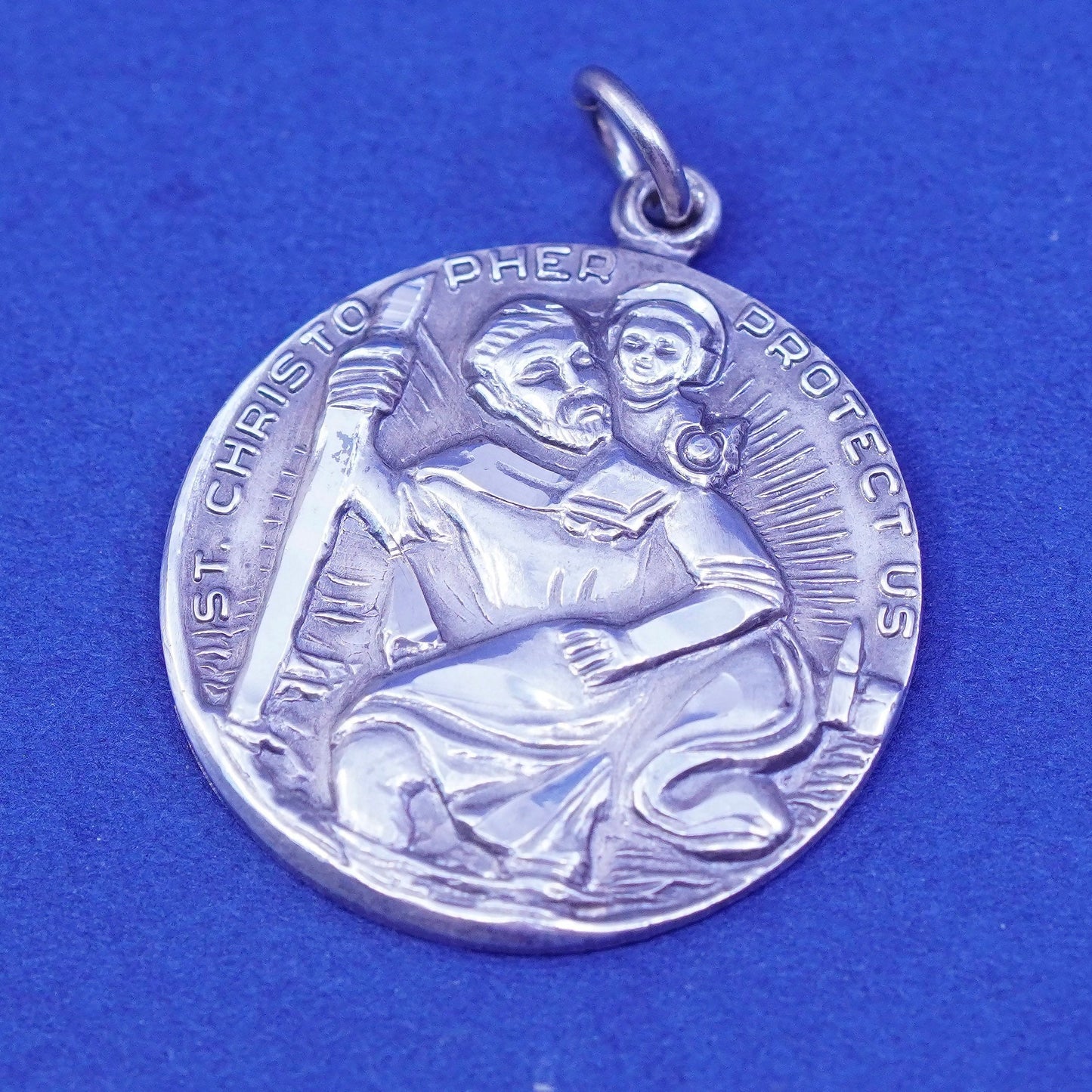 Vintage sterling 925 silver tag pendant, Saint Christopher protect us charm